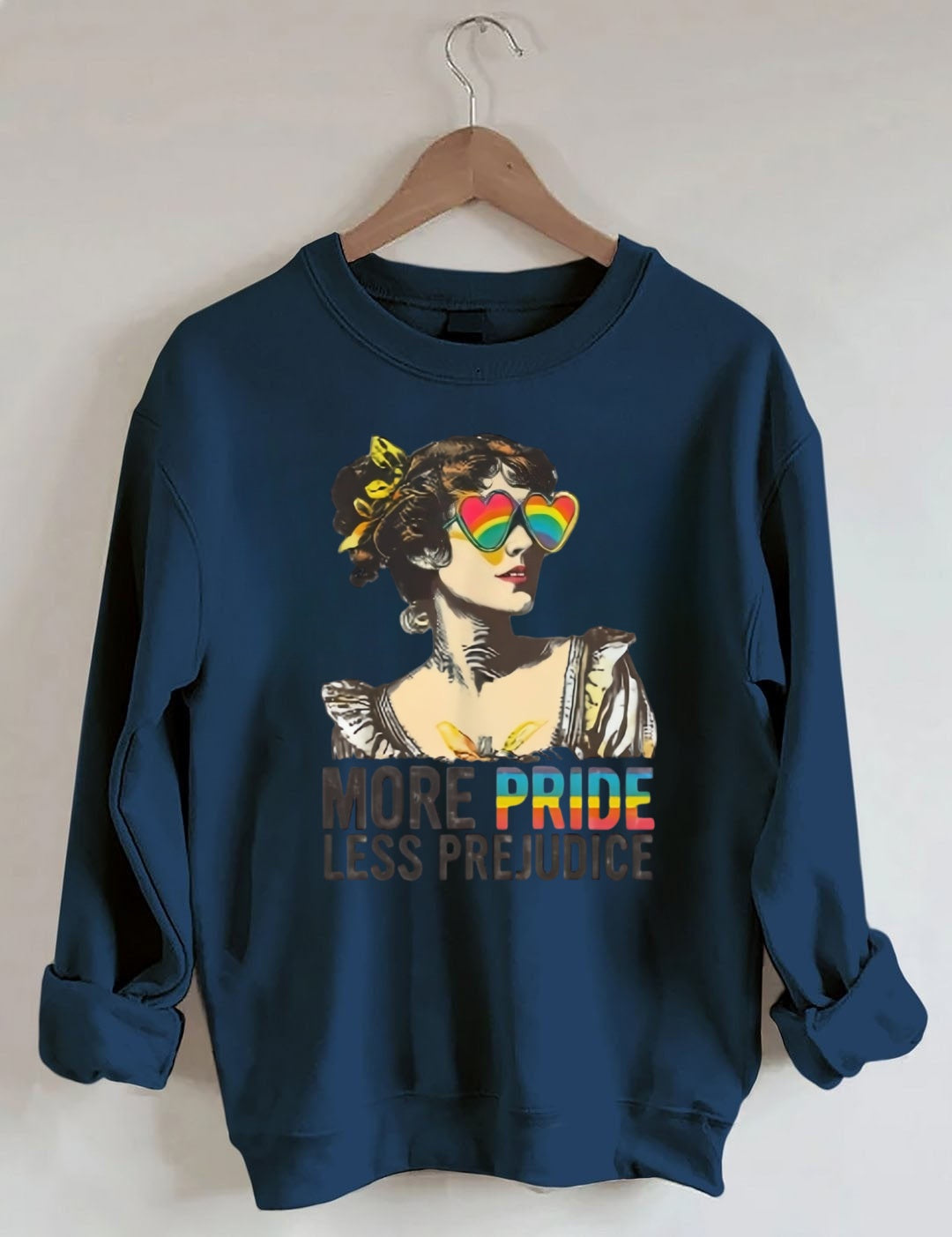 "MORE PRIDE LESS PREJUDICE" Retro Rainbow Heart Sunglasses Print Sweatshirt
