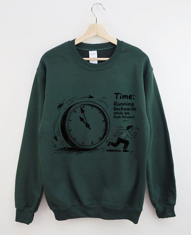Time Running Backwards" Clock Graphic Crewneck Sweatshirt