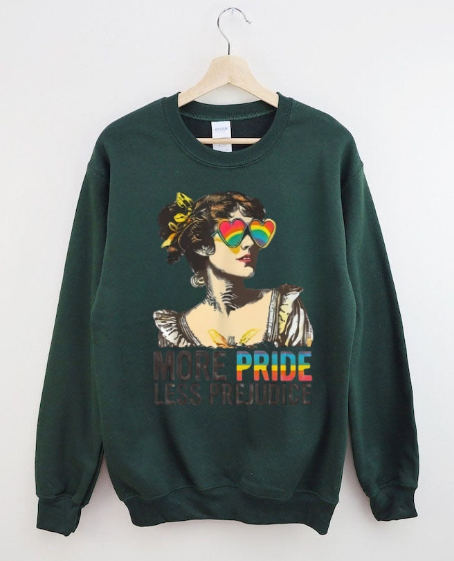 "MORE PRIDE LESS PREJUDICE" Retro Rainbow Heart Sunglasses Print Sweatshirt