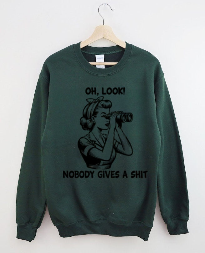 Retro cartoon girl telescope pattern "OH, LOOK!" "NOBODY GIVES A SHIT" fun sweatshirt