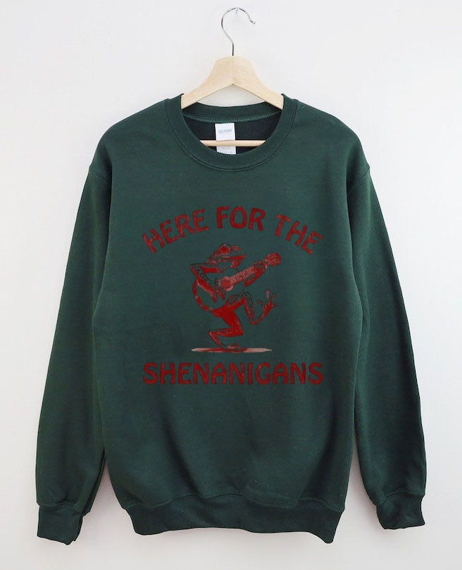 Retro Frog Playing Guitar Print: "HERE FOR THE SHENANIGANS" Sweatshirt
