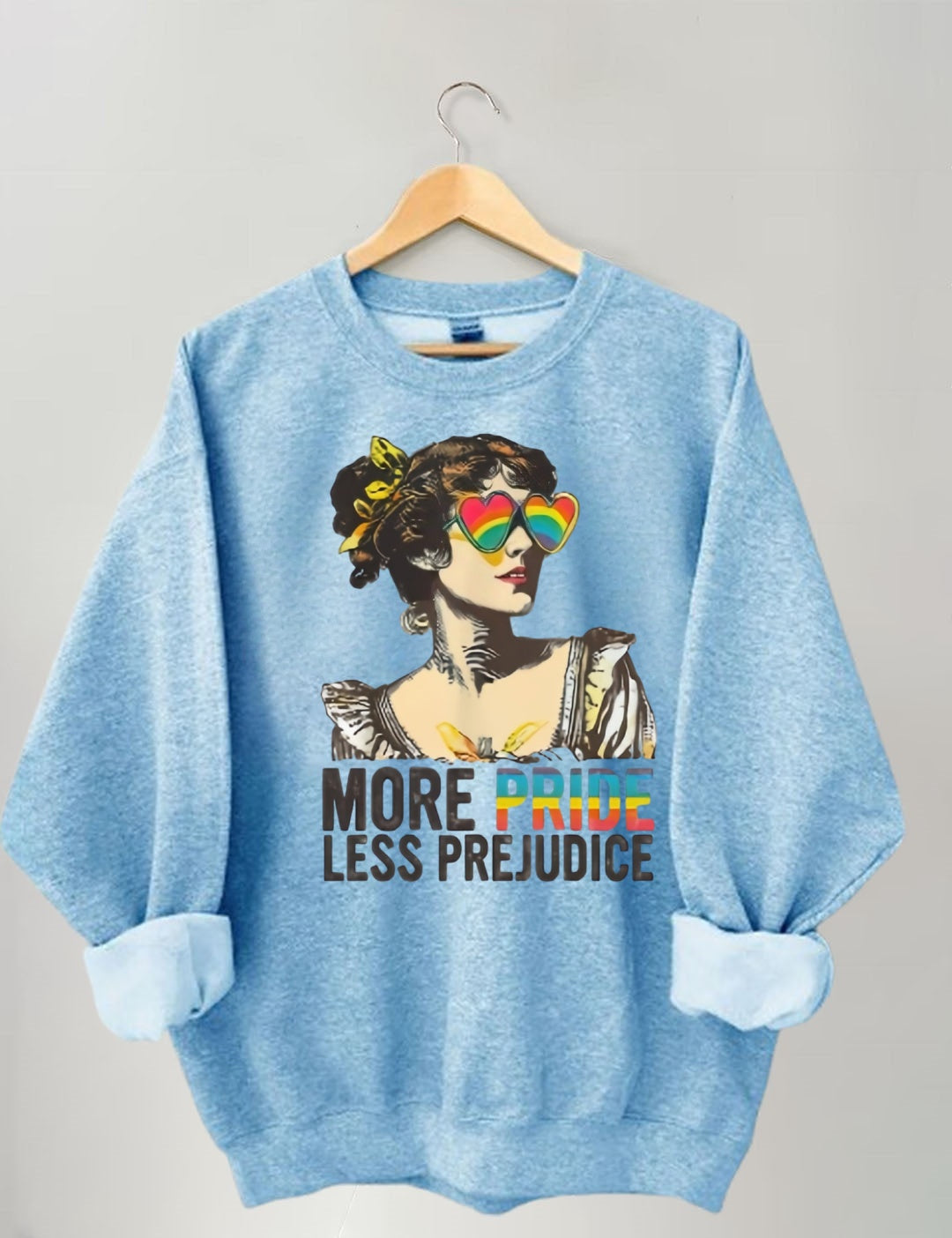 "MORE PRIDE LESS PREJUDICE" Retro Rainbow Heart Sunglasses Print Sweatshirt