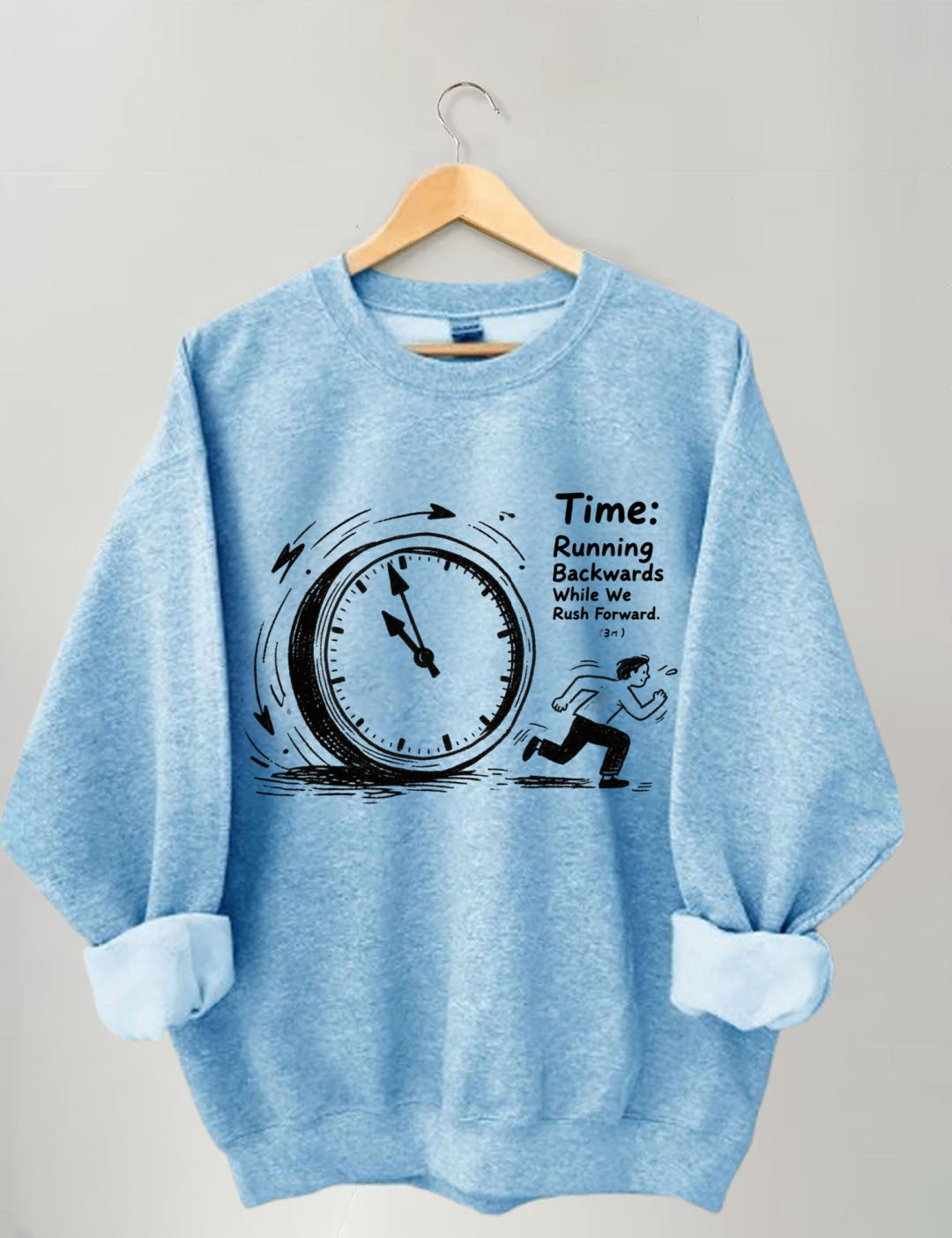 Time Running Backwards" Clock Graphic Crewneck Sweatshirt