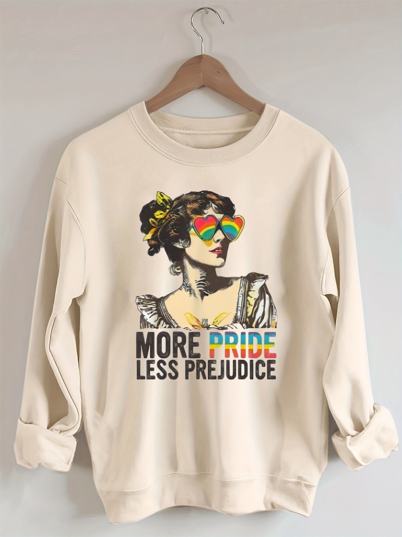 "MORE PRIDE LESS PREJUDICE" Retro Rainbow Heart Sunglasses Print Sweatshirt