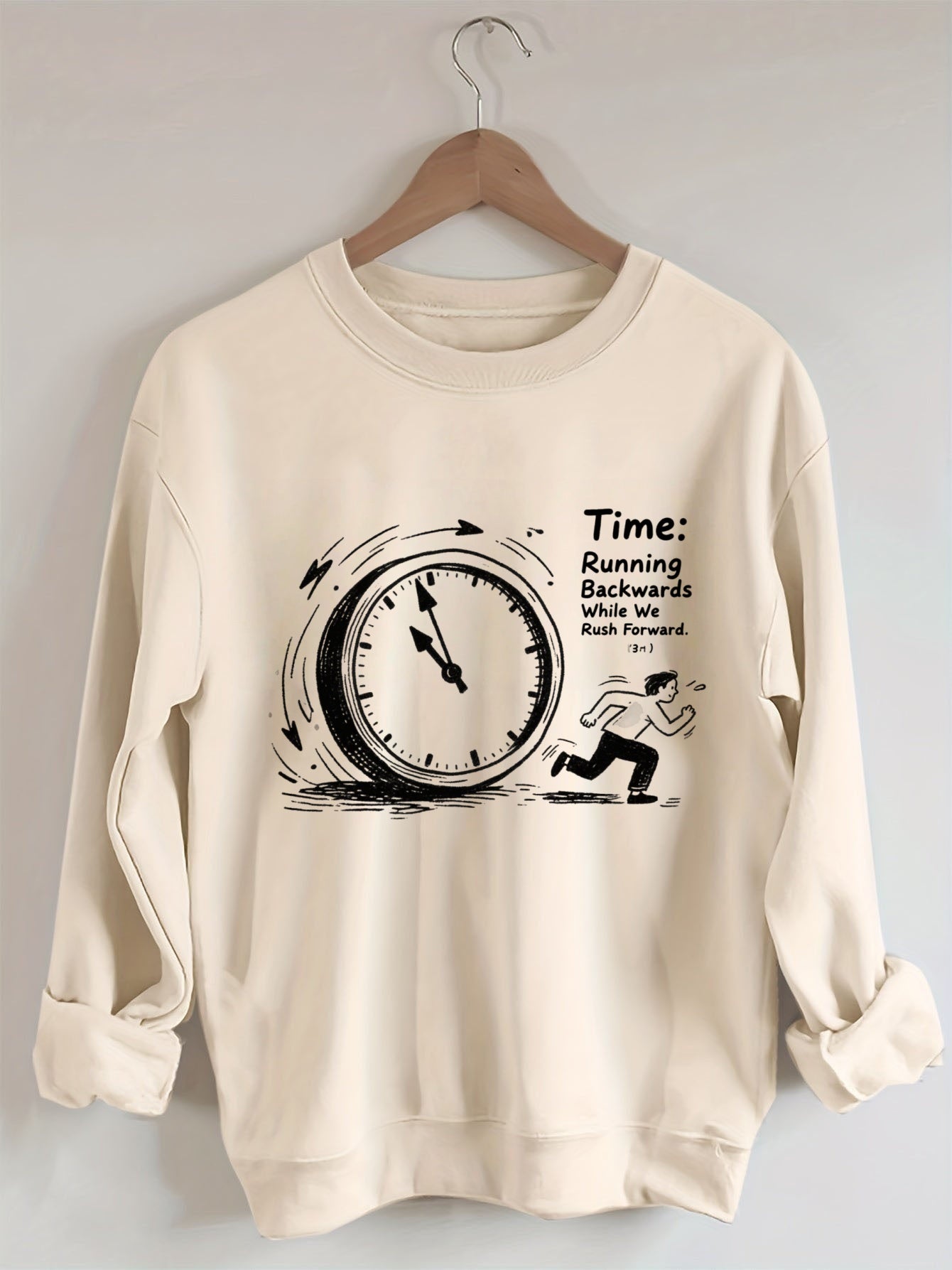 Time Running Backwards" Clock Graphic Crewneck Sweatshirt