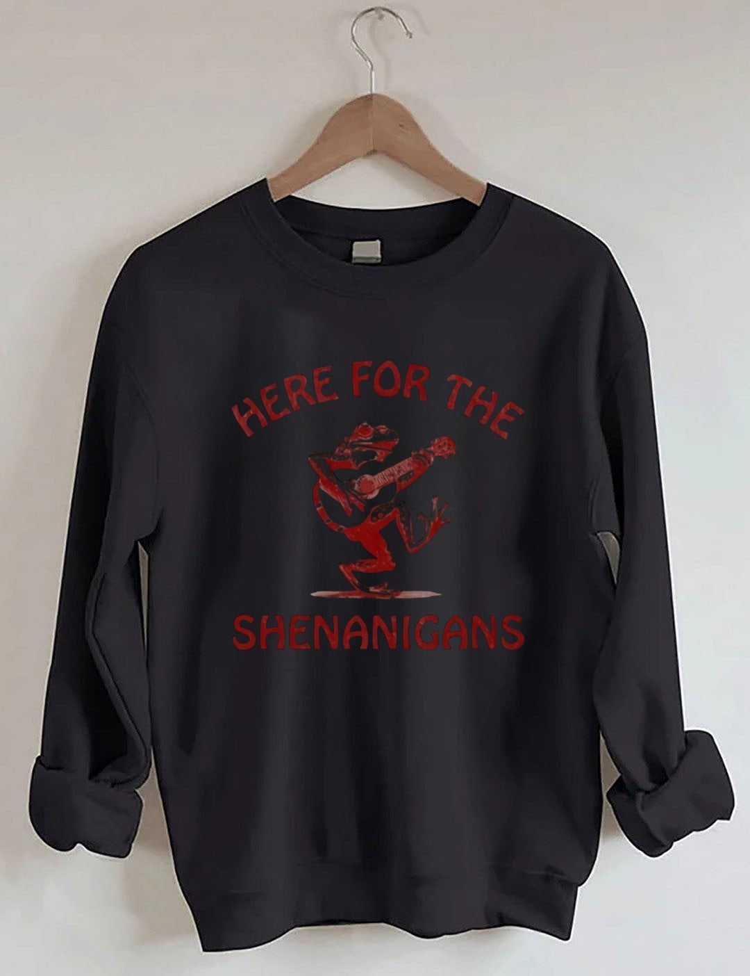 Retro Frog Playing Guitar Print: "HERE FOR THE SHENANIGANS" Sweatshirt