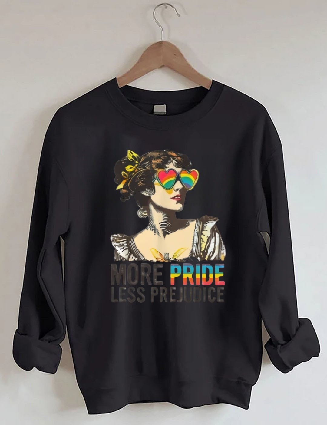 "MORE PRIDE LESS PREJUDICE" Retro Rainbow Heart Sunglasses Print Sweatshirt