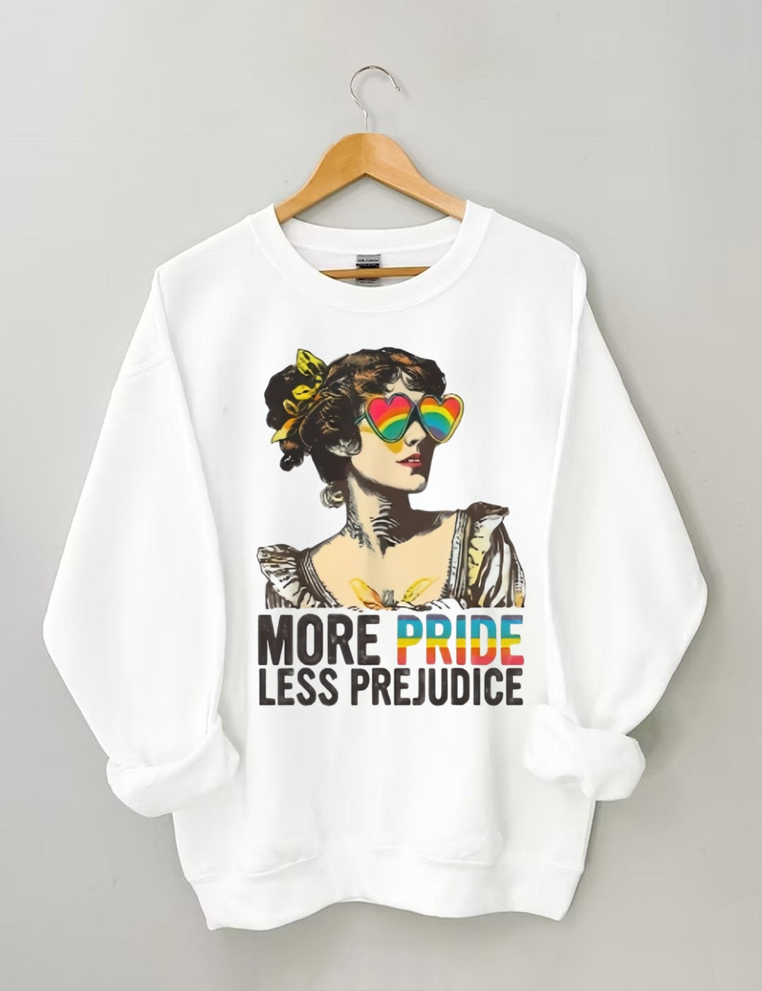 "MORE PRIDE LESS PREJUDICE" Retro Rainbow Heart Sunglasses Print Sweatshirt
