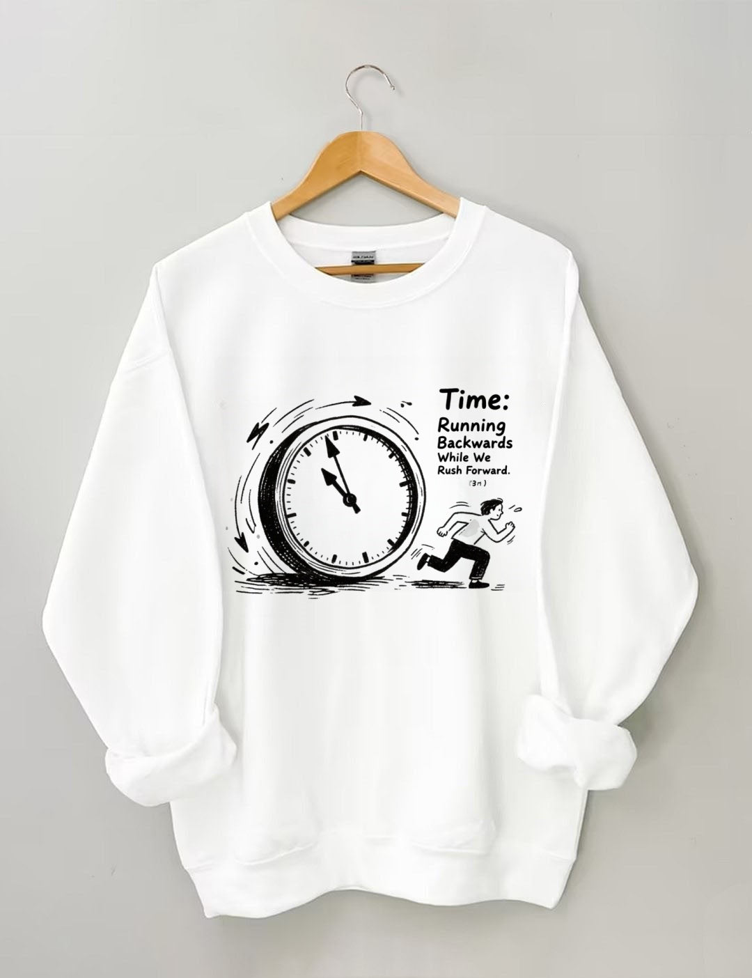 Time Running Backwards" Clock Graphic Crewneck Sweatshirt