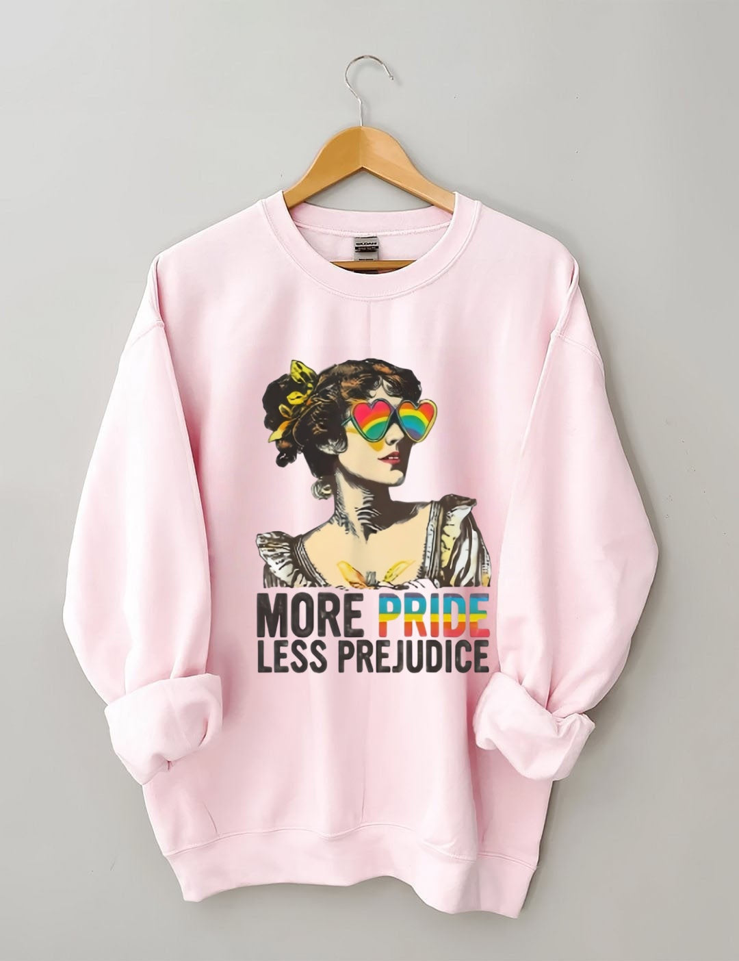 "MORE PRIDE LESS PREJUDICE" Retro Rainbow Heart Sunglasses Print Sweatshirt