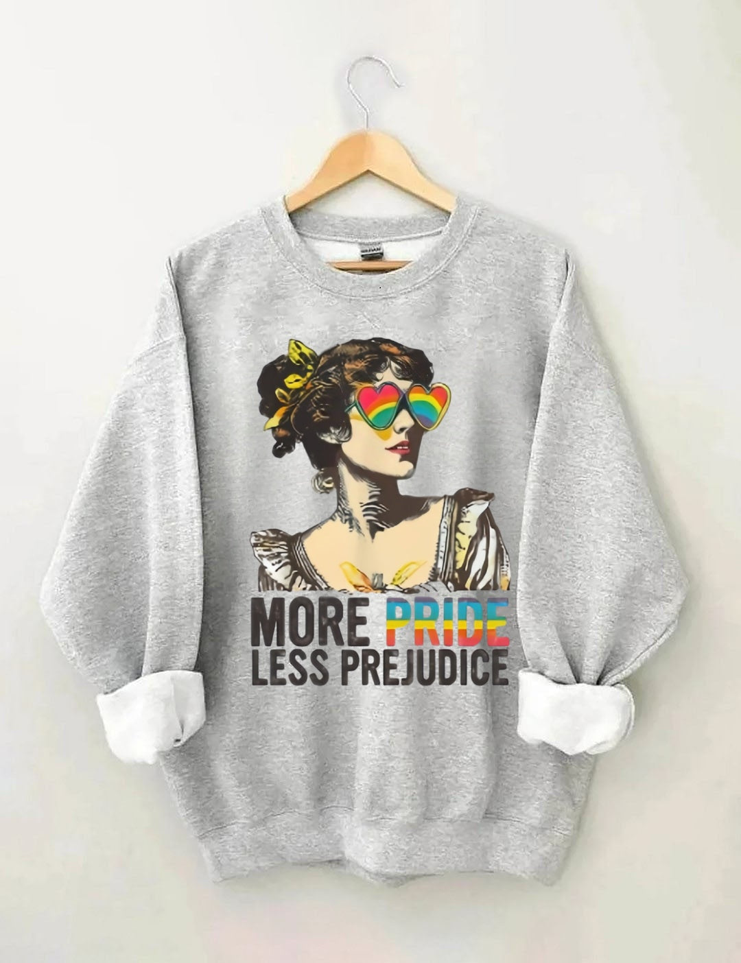 "MORE PRIDE LESS PREJUDICE" Retro Rainbow Heart Sunglasses Print Sweatshirt