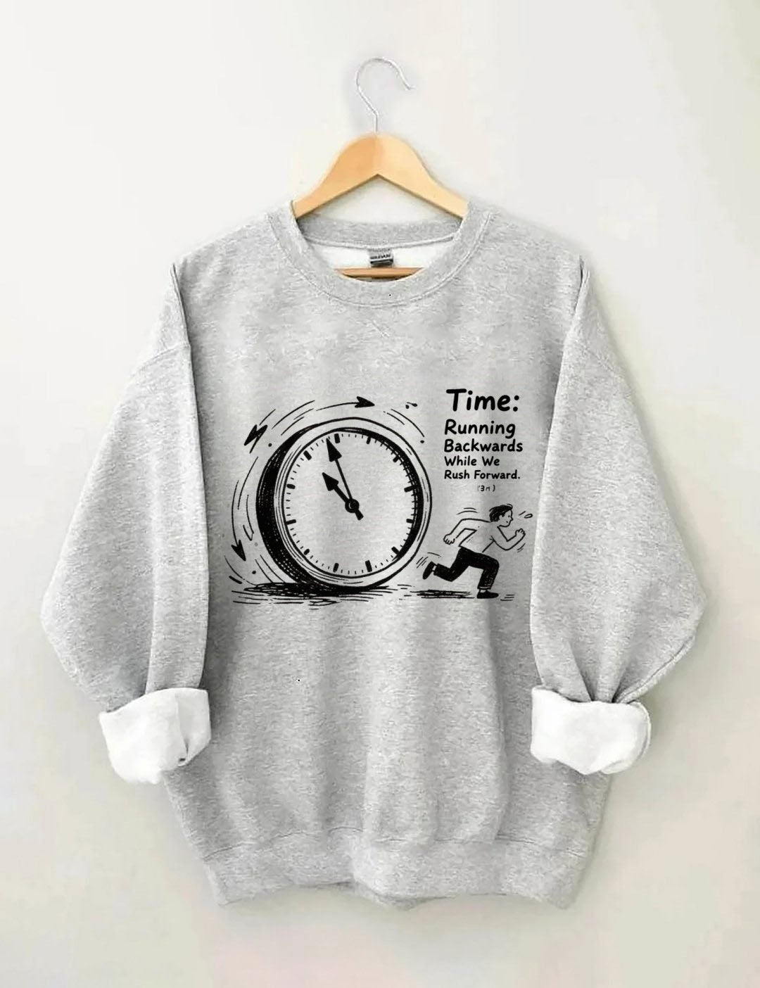 Time Running Backwards" Clock Graphic Crewneck Sweatshirt