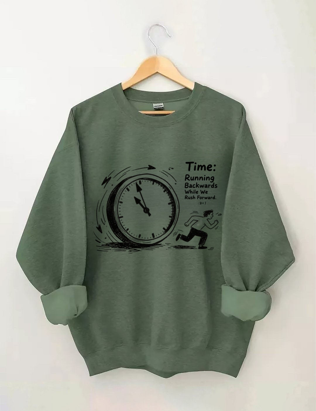Time Running Backwards" Clock Graphic Crewneck Sweatshirt