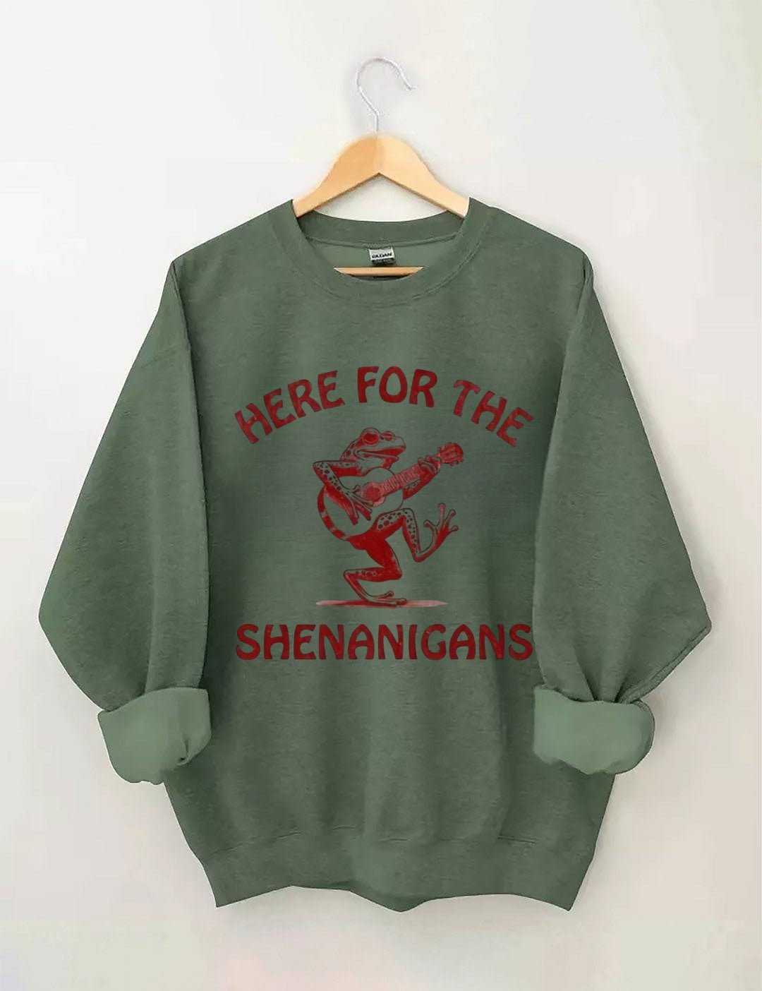 Retro Frog Playing Guitar Print: "HERE FOR THE SHENANIGANS" Sweatshirt