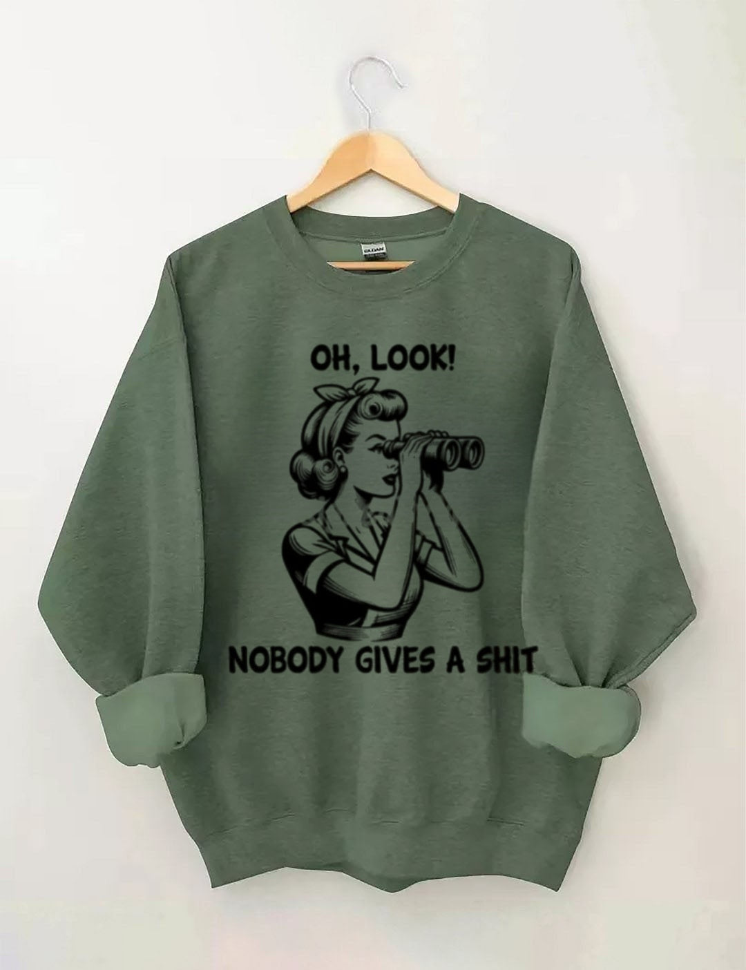 Retro cartoon girl telescope pattern "OH, LOOK!" "NOBODY GIVES A SHIT" fun sweatshirt