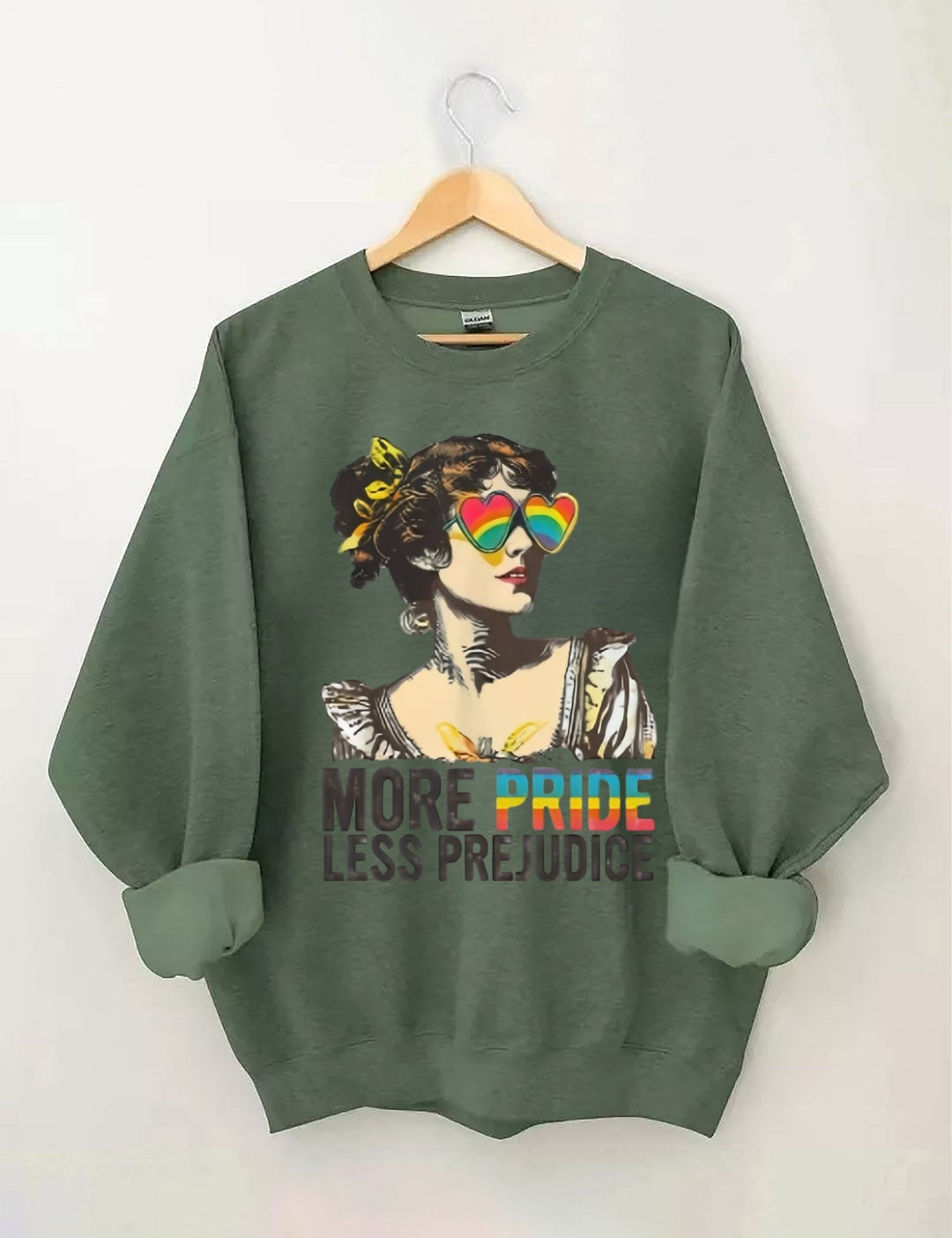 "MORE PRIDE LESS PREJUDICE" Retro Rainbow Heart Sunglasses Print Sweatshirt