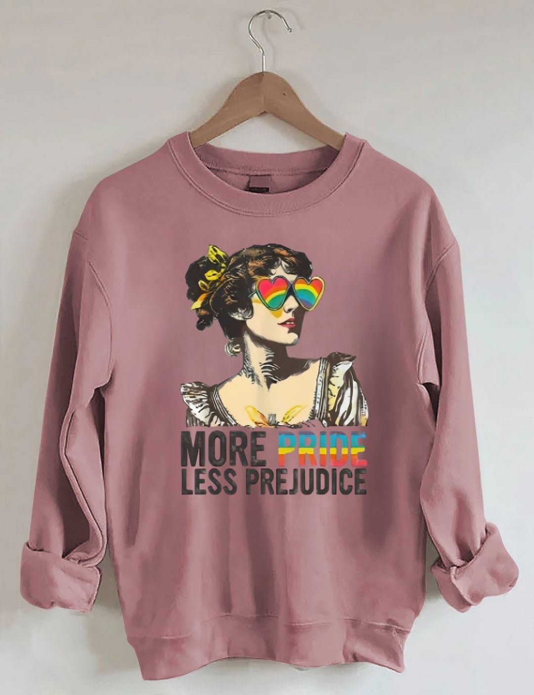 "MORE PRIDE LESS PREJUDICE" Retro Rainbow Heart Sunglasses Print Sweatshirt