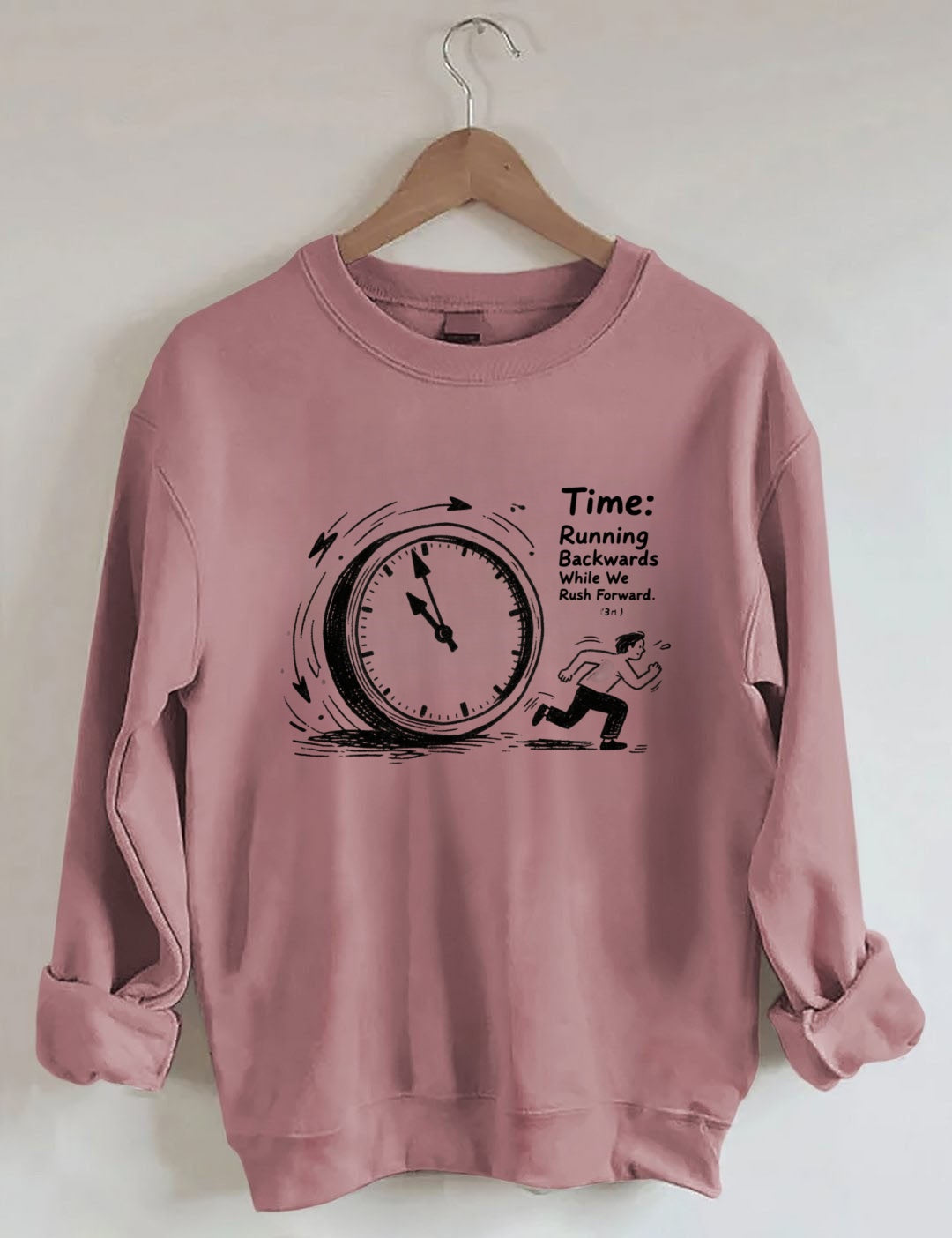 Time Running Backwards" Clock Graphic Crewneck Sweatshirt