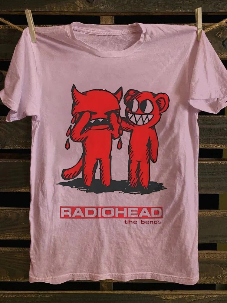 Radiohead The Bends graphic T-shirt, designed by a retro punk rock band, featuring cartoon characters