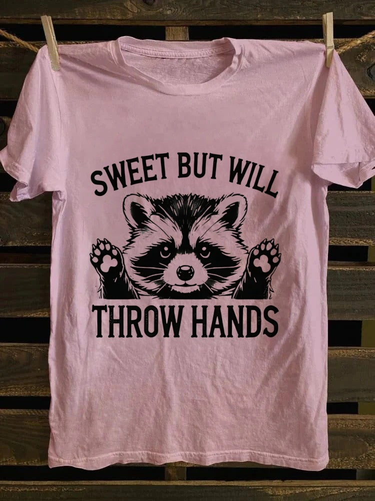 Retro “Sweet But Will Throw Hands” Raccoon Graphic T - Shirt