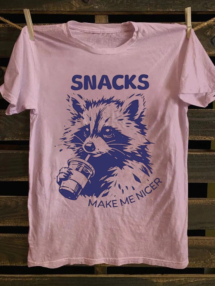 Retro punk rock band graphic T-shirt with humorous raccoon and "Snack Makes Me Good" print