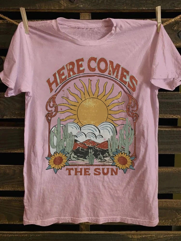 Retro Graphic Tee: 'Here Comes The Sun' & Desert Sunflower Print
