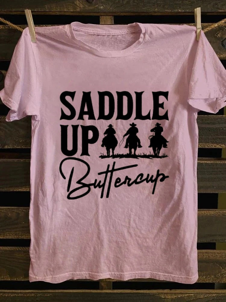 Ladies Western Denim Printed T-shirt - SADDLE UP Buttercup