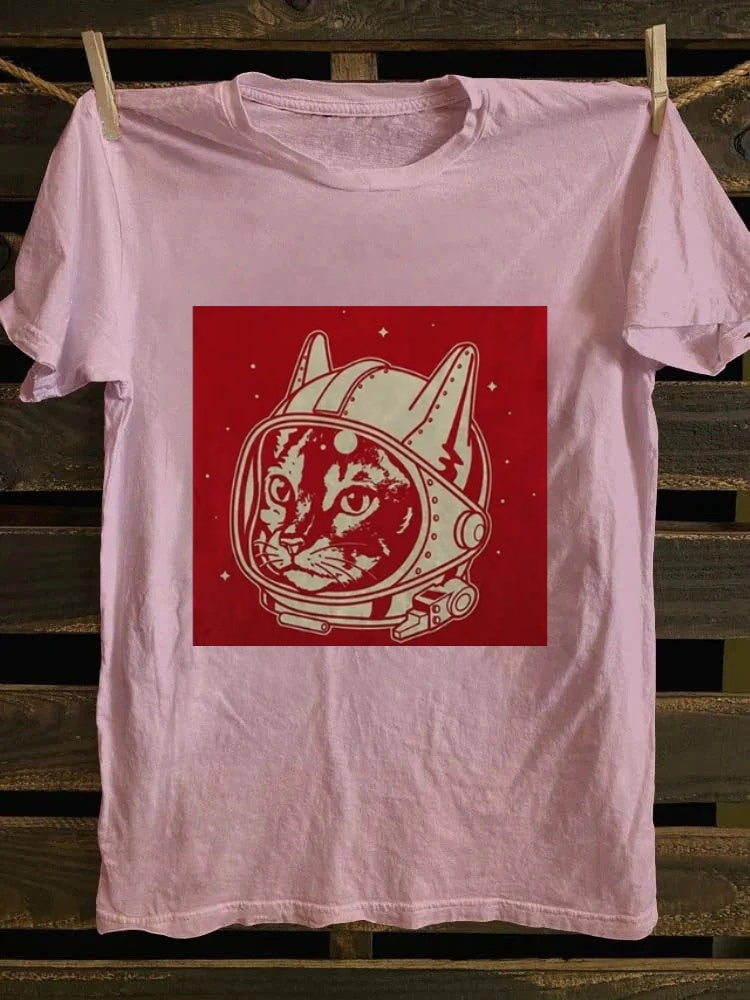 Retro school punk rock band printed design pattern T-shirt cat