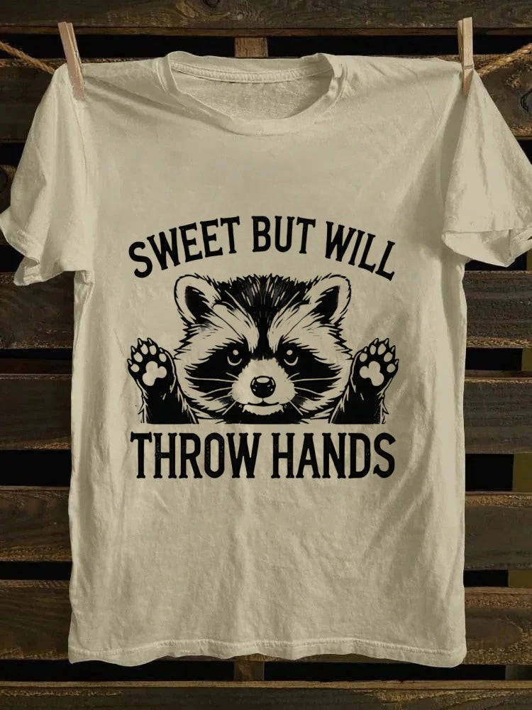 Retro “Sweet But Will Throw Hands” Raccoon Graphic T - Shirt