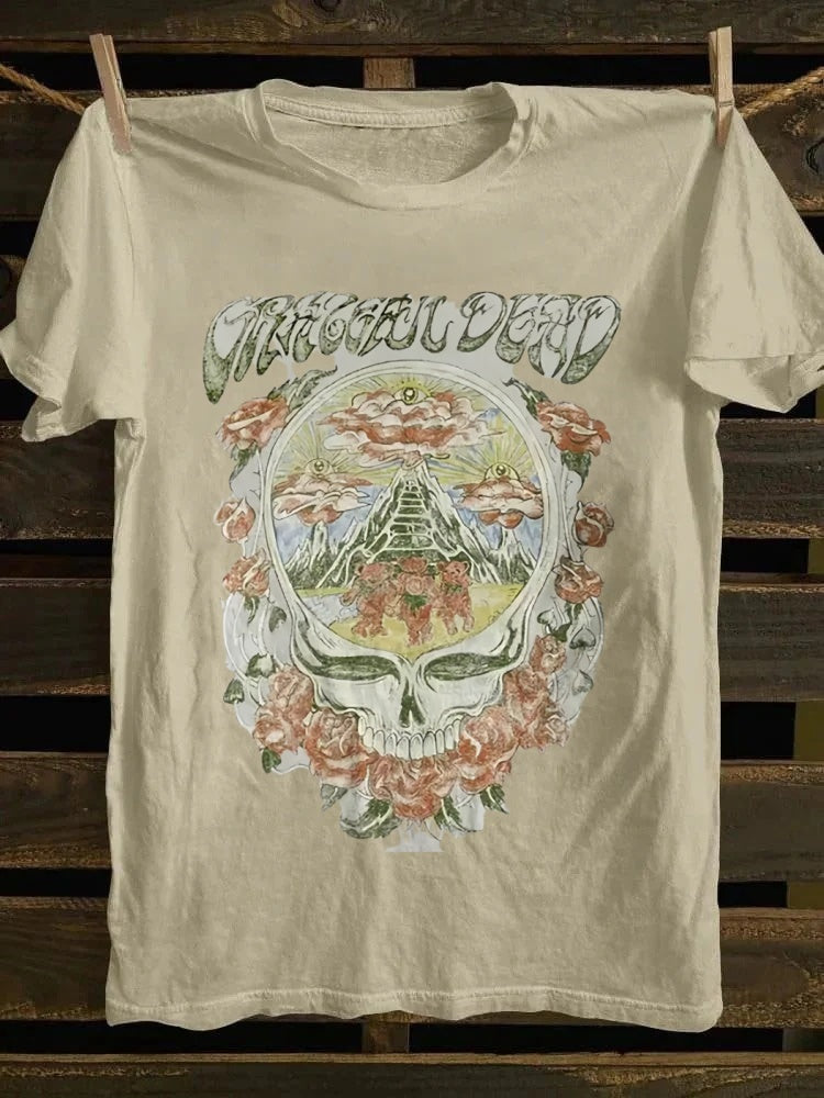 Retro Graphic T-shirt: Grateful Dead Skull, Roses & Bears