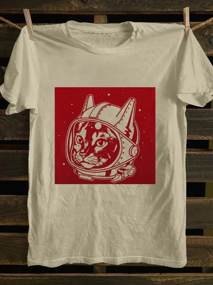 Retro school punk rock band printed design pattern T-shirt cat