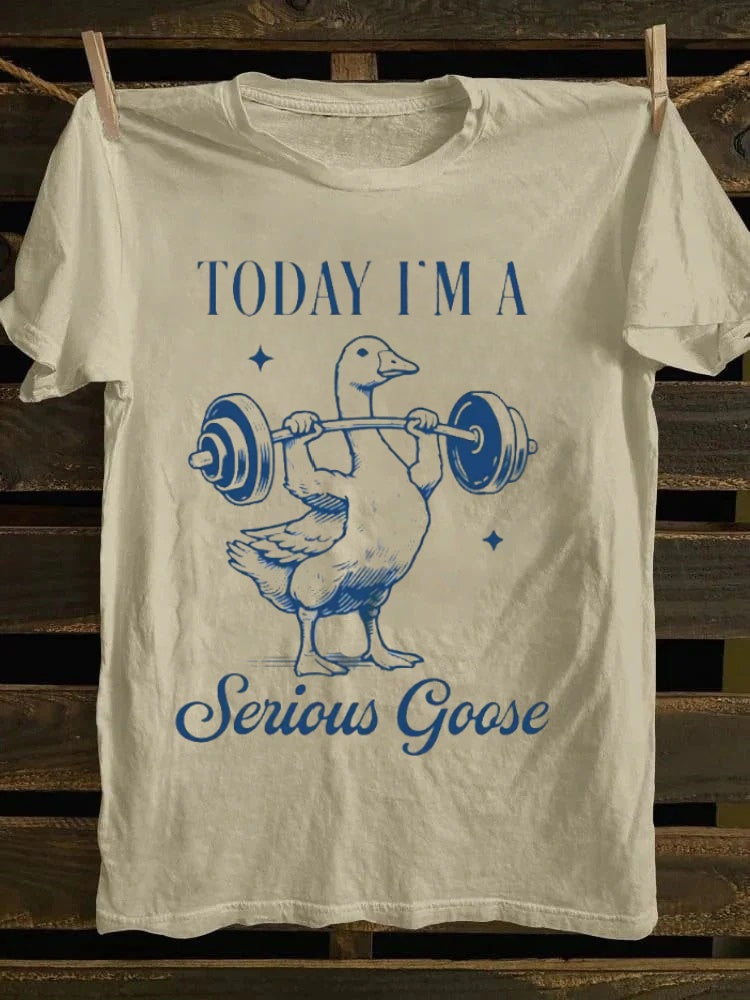 Retro Whimsical Serious Goose WeightliftingGraphic T -shirt