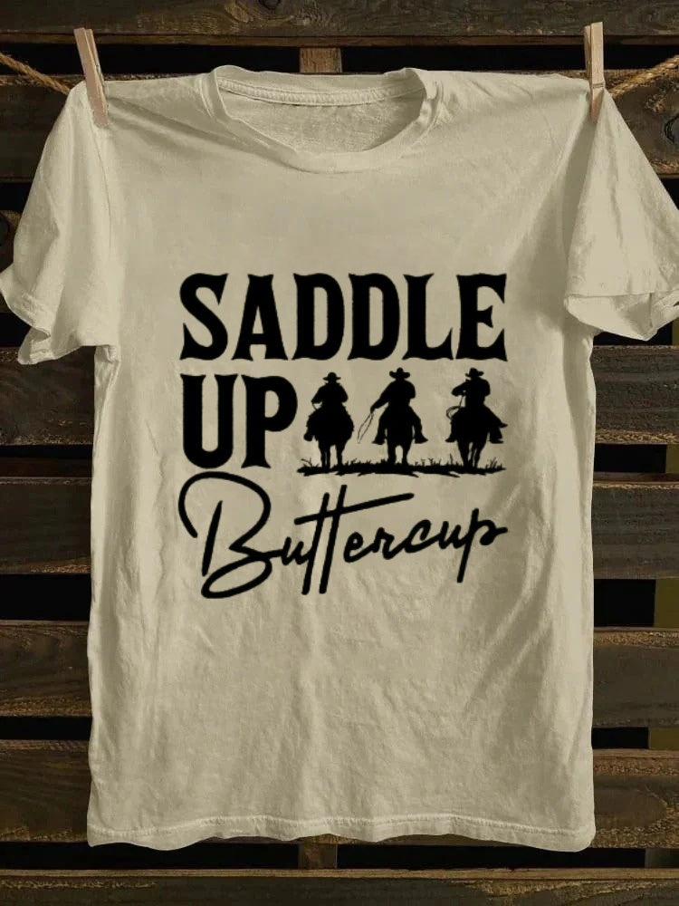 Ladies Western Denim Printed T-shirt - SADDLE UP Buttercup