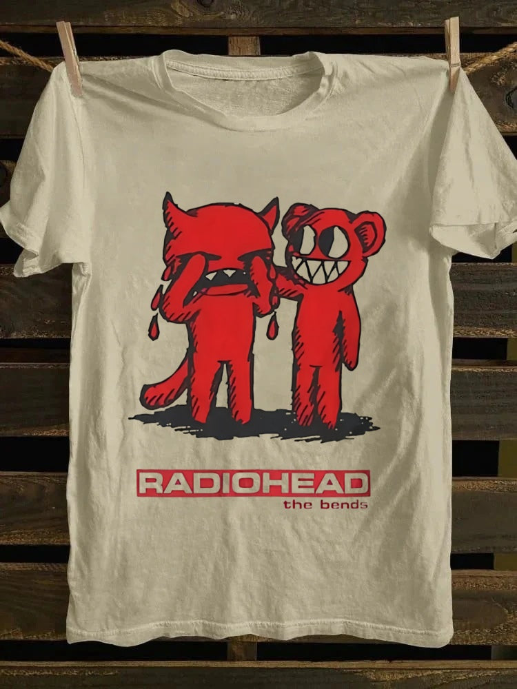 Radiohead The Bends graphic T-shirt, designed by a retro punk rock band, featuring cartoon characters