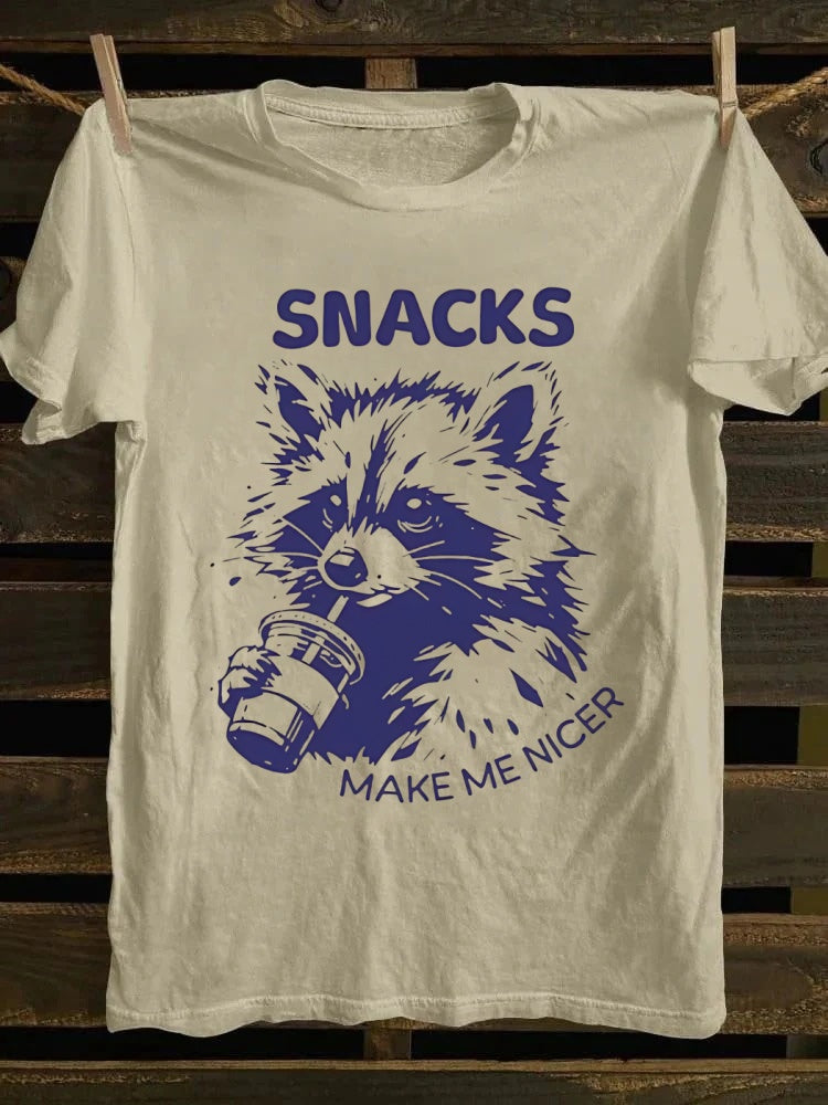 Retro punk rock band graphic T-shirt with humorous raccoon and "Snack Makes Me Good" print
