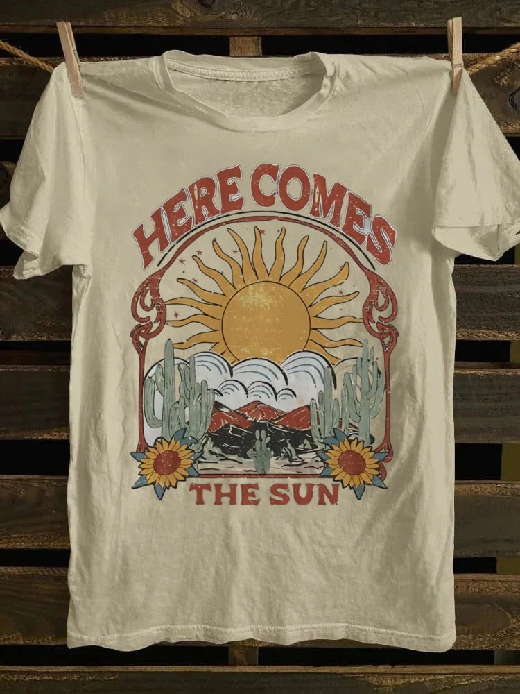Retro Graphic Tee: 'Here Comes The Sun' & Desert Sunflower Print