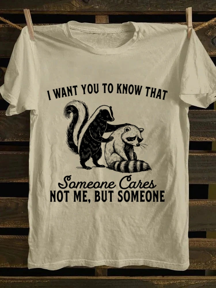 Retro Humorous Skunk & Raccoon "SomeoneCares" Printed Tshirt