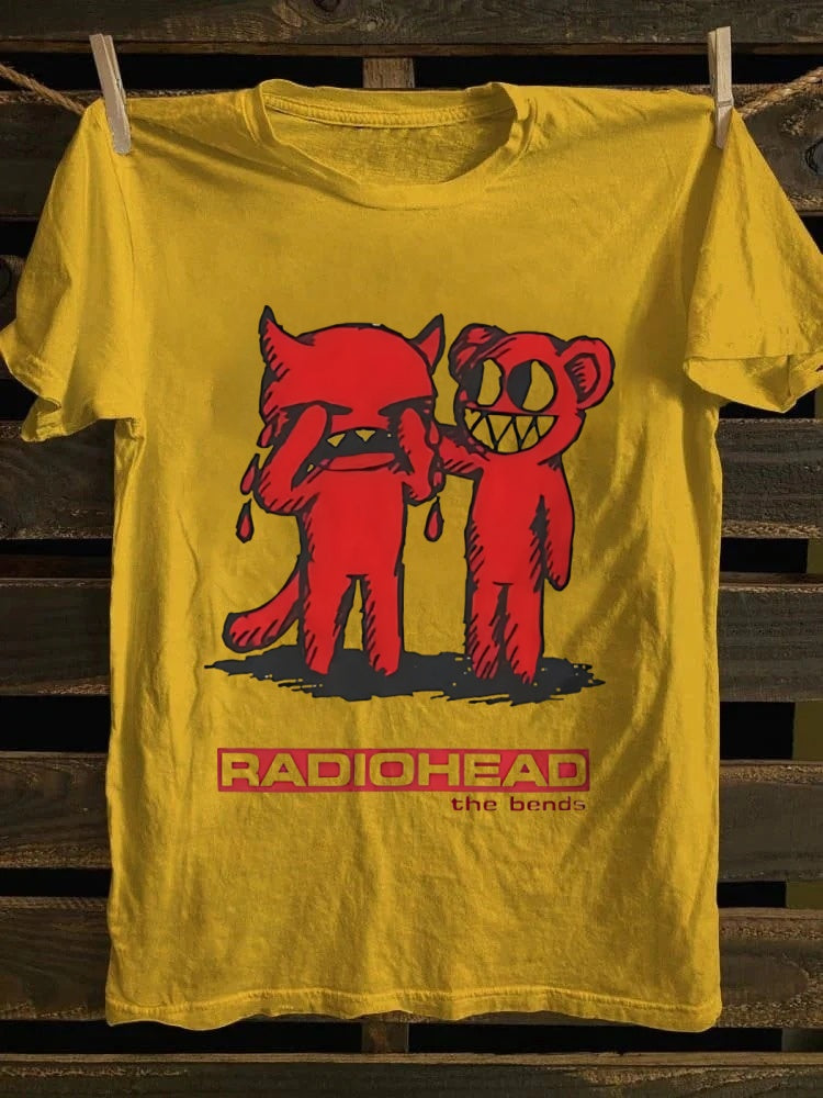 Radiohead The Bends graphic T-shirt, designed by a retro punk rock band, featuring cartoon characters