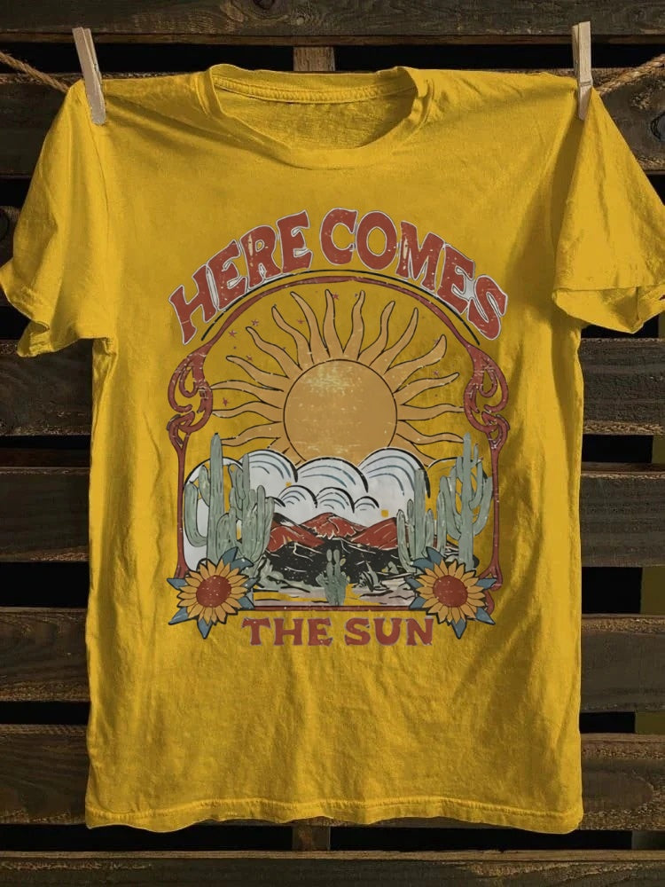 Retro Graphic Tee: 'Here Comes The Sun' & Desert Sunflower Print