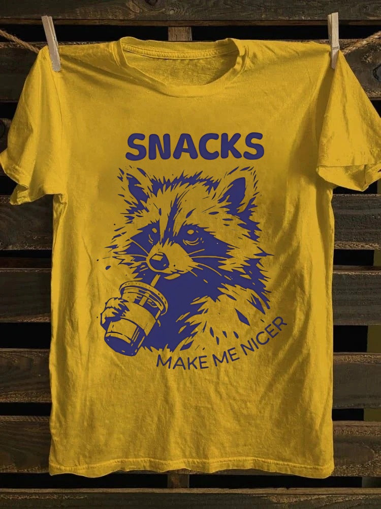 Retro punk rock band graphic T-shirt with humorous raccoon and "Snack Makes Me Good" print