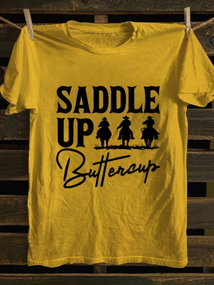Ladies Western Denim Printed T-shirt - SADDLE UP Buttercup