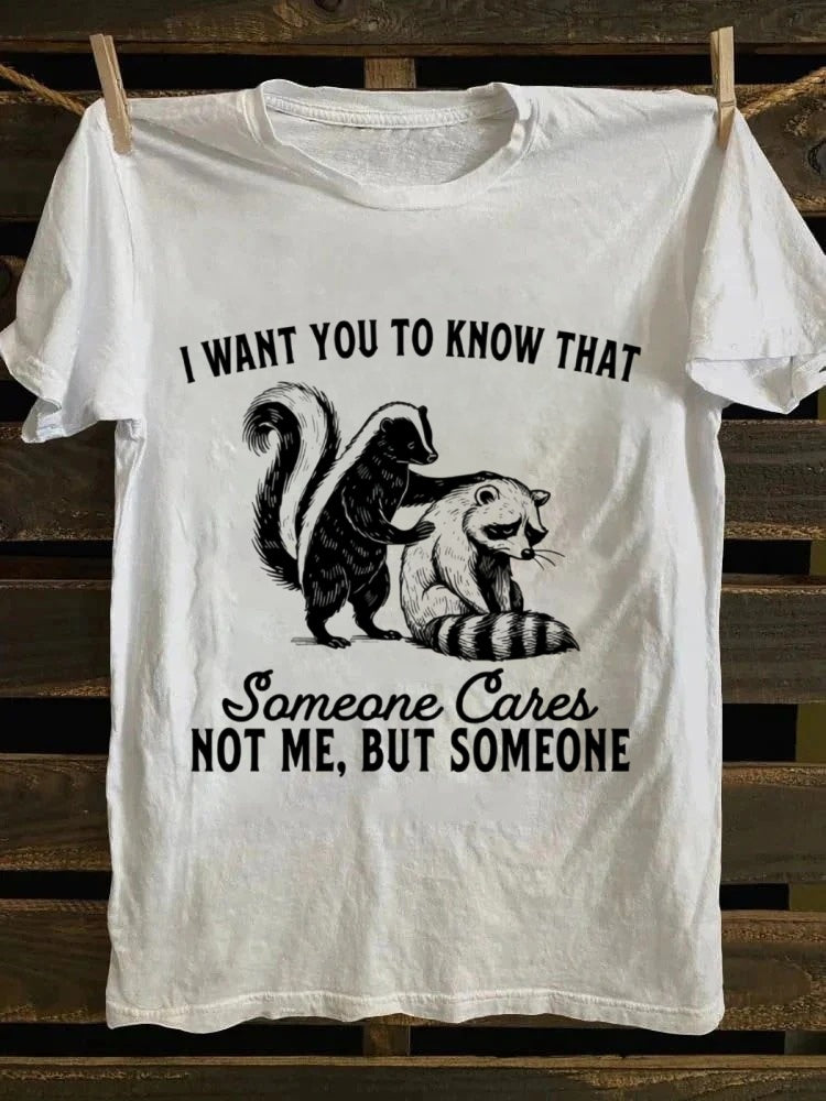 Retro Humorous Skunk & Raccoon "SomeoneCares" Printed Tshirt