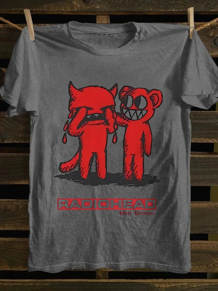 Radiohead The Bends graphic T-shirt, designed by a retro punk rock band, featuring cartoon characters