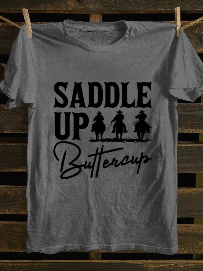 Ladies Western Denim Printed T-shirt - SADDLE UP Buttercup