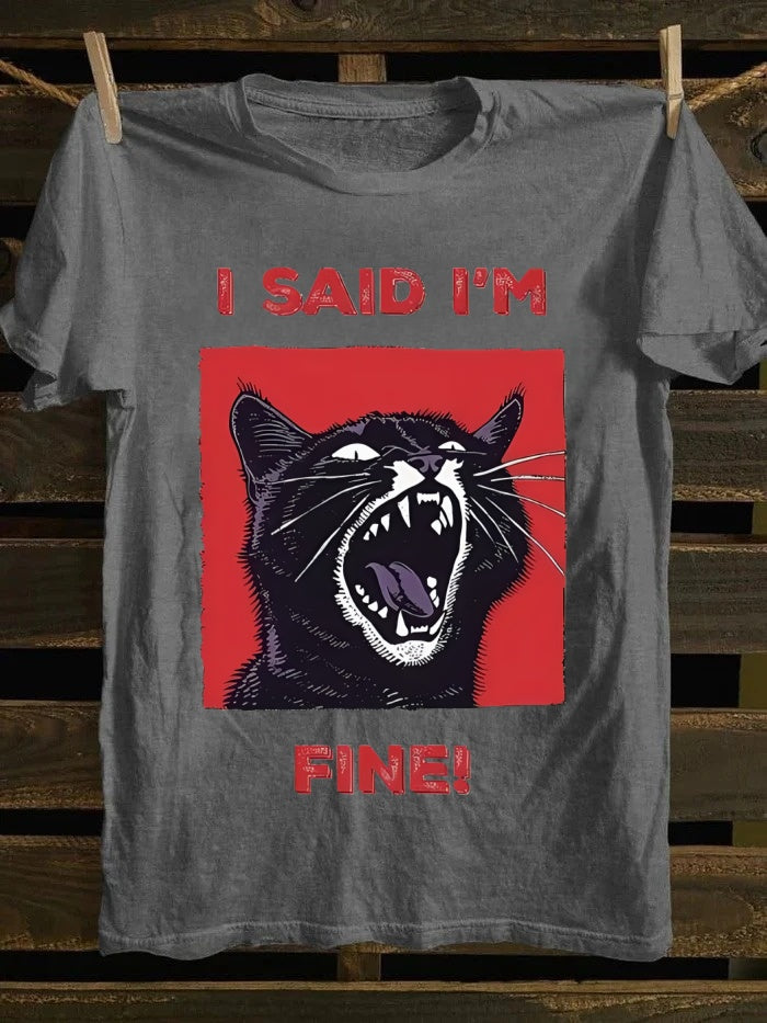 Retro "I Said I'm Fine!" Angry Black Cat T-shirt