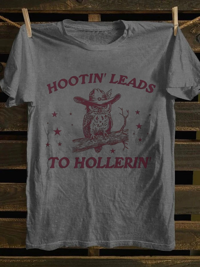 Retro Western "Hootin’ Leads To Hollerin’" Cowboy Owl Graphic T-shirt