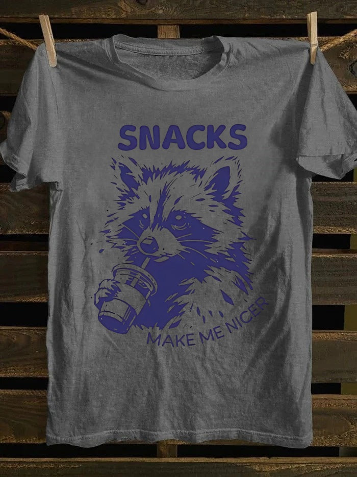 Retro punk rock band graphic T-shirt with humorous raccoon and "Snack Makes Me Good" print