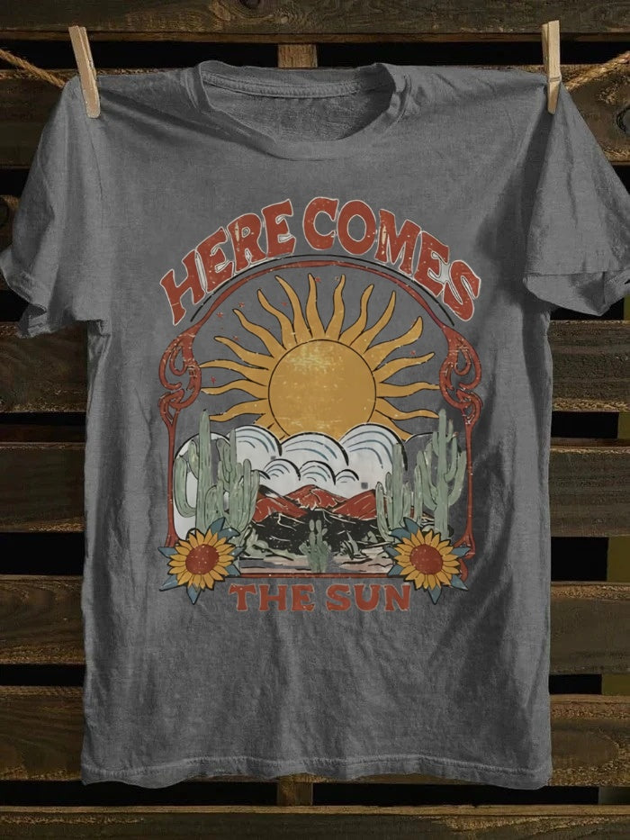 Retro Graphic Tee: 'Here Comes The Sun' & Desert Sunflower Print