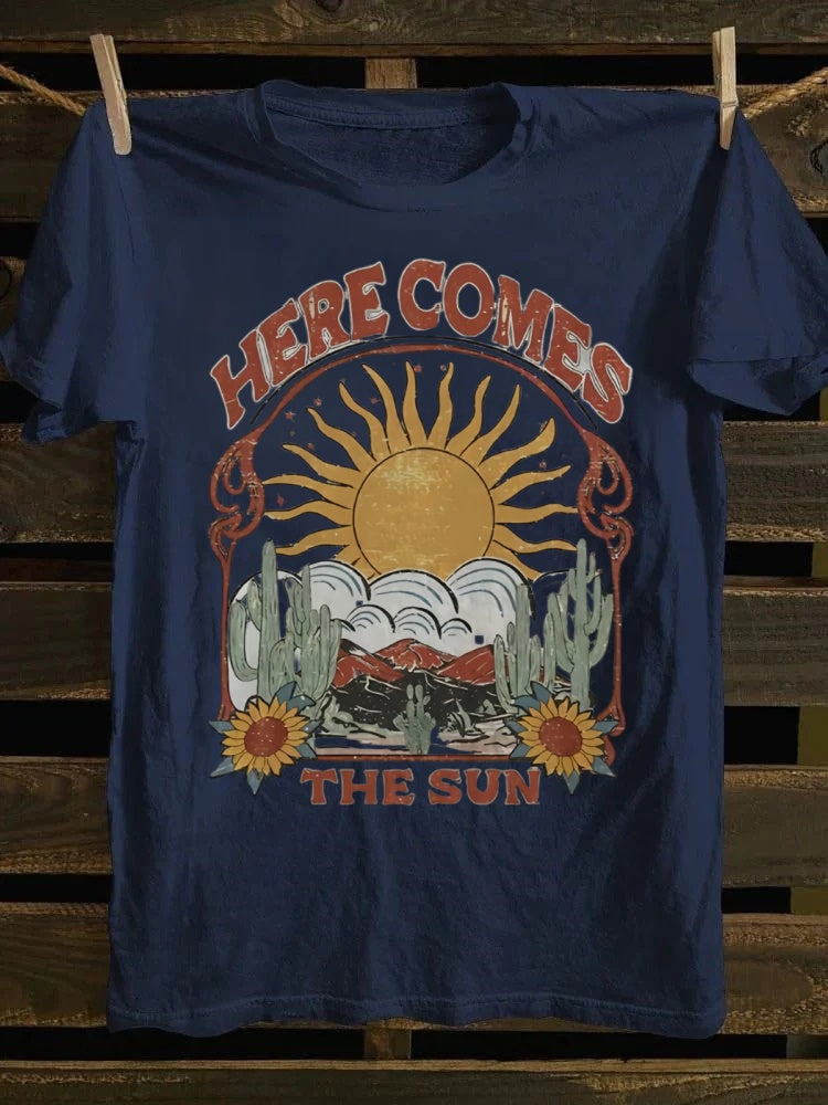 Retro Graphic Tee: 'Here Comes The Sun' & Desert Sunflower Print
