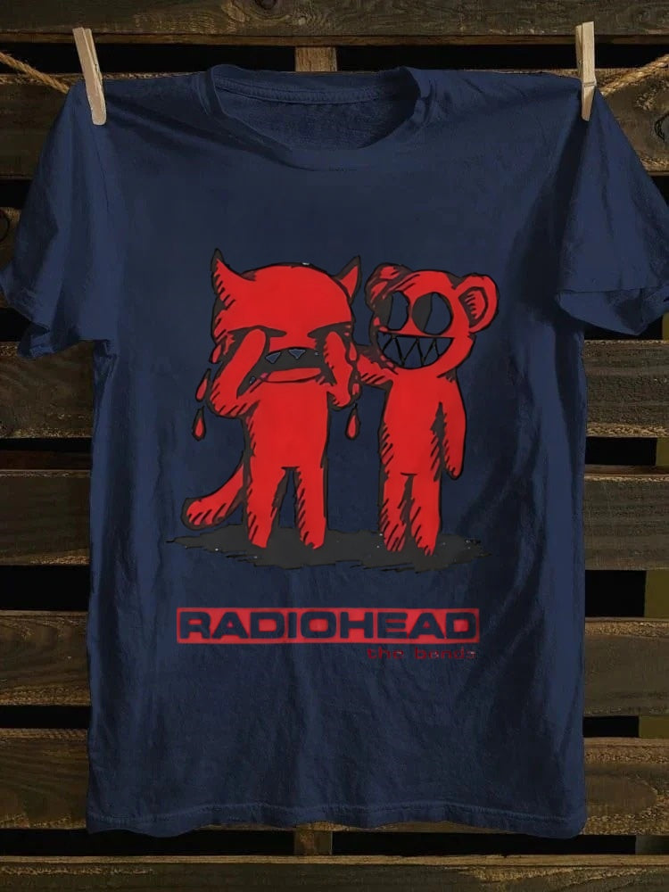 Radiohead The Bends graphic T-shirt, designed by a retro punk rock band, featuring cartoon characters